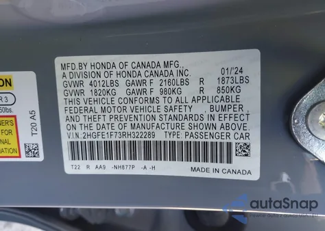 2024 Honda Civic Ex from USA, damaged, VIN 2HGFE1F73RH322289